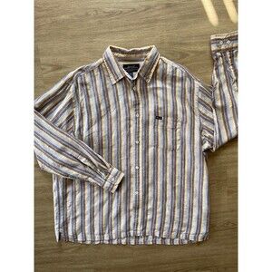 Faconnable Men's linen strip shirt button down relaxed fit size XL France design